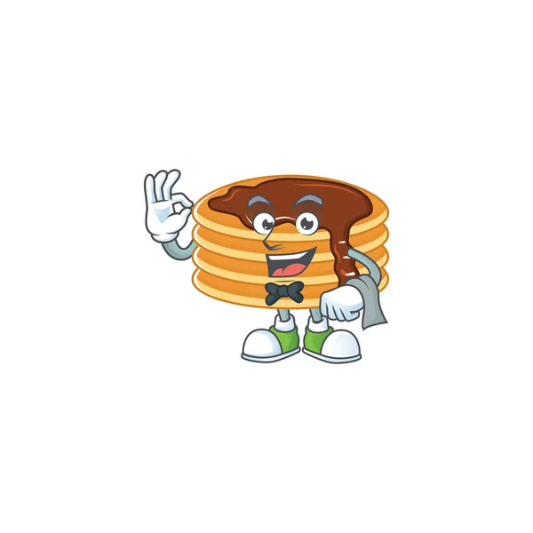 Um chocolate creme panqueca garçom personagem de desenho animado pronto para servir — Vetor de Stock