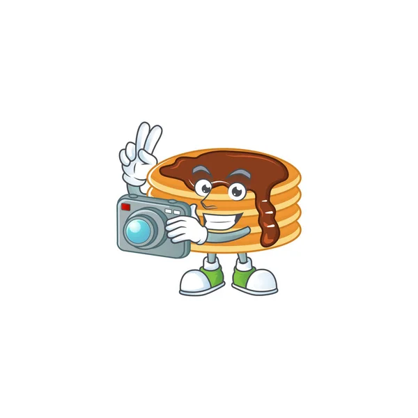 Concept de mascotte de photographe de crêpes au chocolat utilisant un appareil photo cher — Image vectorielle