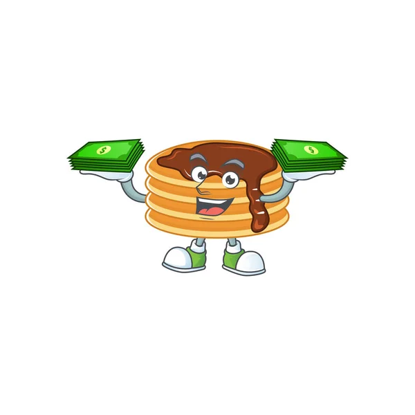 Een vrolijke chocolade crème pannenkoek mascotte ontwerp met wat geld op handen — Stockvector