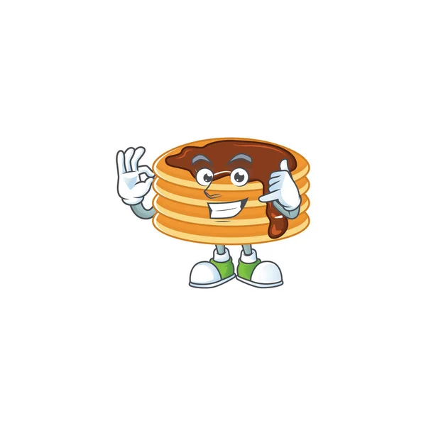 Creme de chocolate panqueca mascote desenho animado fazer um gesto chamada — Vetor de Stock