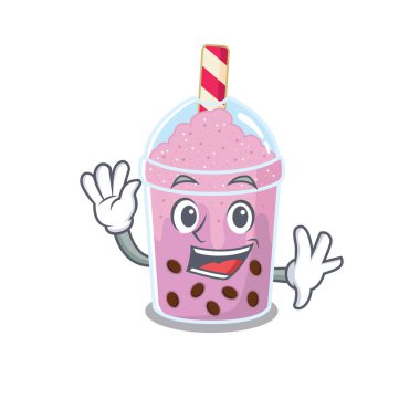 A charismatic taro bubble tea mascot design style smiling and waving hand clipart