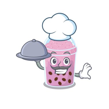 Taro köpüklü çay şefi çizgi film karakteri tepside yemek servisi yapıyor.