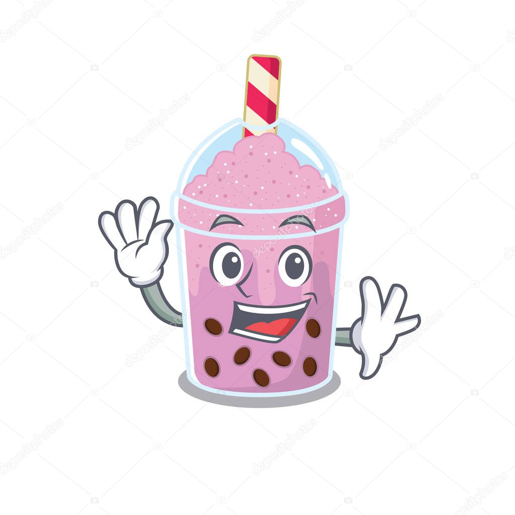 A charismatic taro bubble tea mascot design style smiling and waving hand