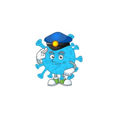 Koronavirüs maskotu tasarım tarzında kendini işine adamış bir polis memuru.