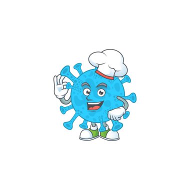 Coronavirus back kteria çizgi film tasarım stili gururla beyaz şef şapkası takar.