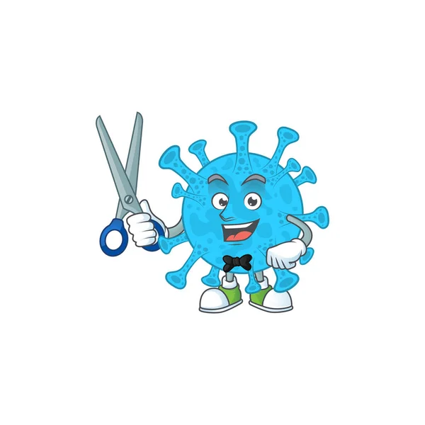 Cute Barber coronavirus backteria estilo de personaje de dibujos animados con tijera — Vector de stock