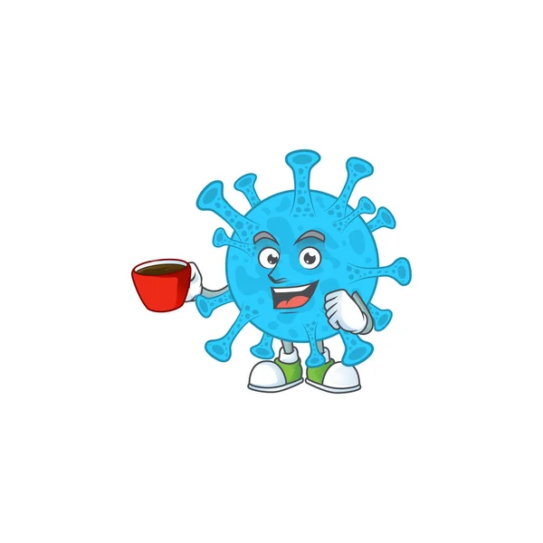 Um personagem de desenho animado imagem de coronavírus backteria com uma xícara de café — Vetor de Stock