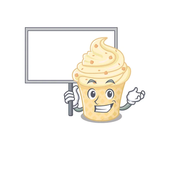 Un'icona del gelato alla vaniglia stile mascotte portare una tavola — Vettoriale Stock