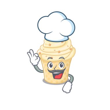 Vanilyalı dondurma şefi çizgi film tasarımı tarzı beyaz şapka giyiyor.