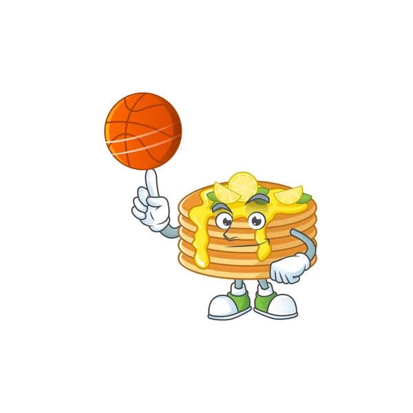 Um atlético limão creme panqueca desenho animado estilo jogando basquete — Vetor de Stock