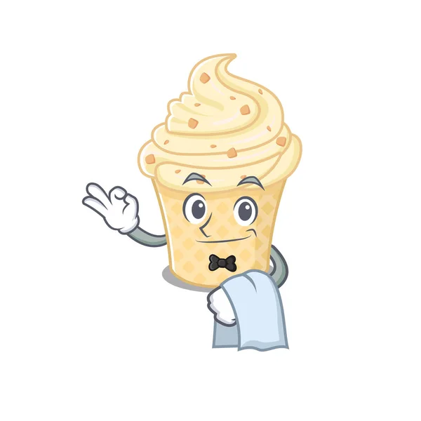 Мультфильм персонаж ванильного официанта мороженого работает в ресторане — стоковый вектор