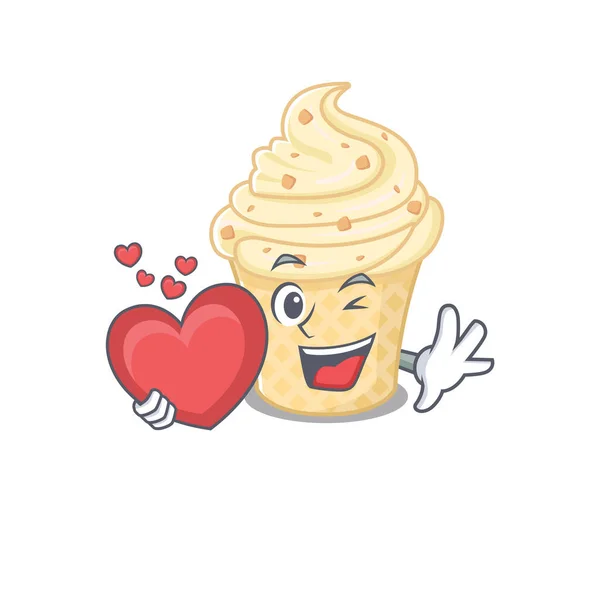 Un dulce helado de vainilla estilo personaje de dibujos animados con un corazón — Vector de stock