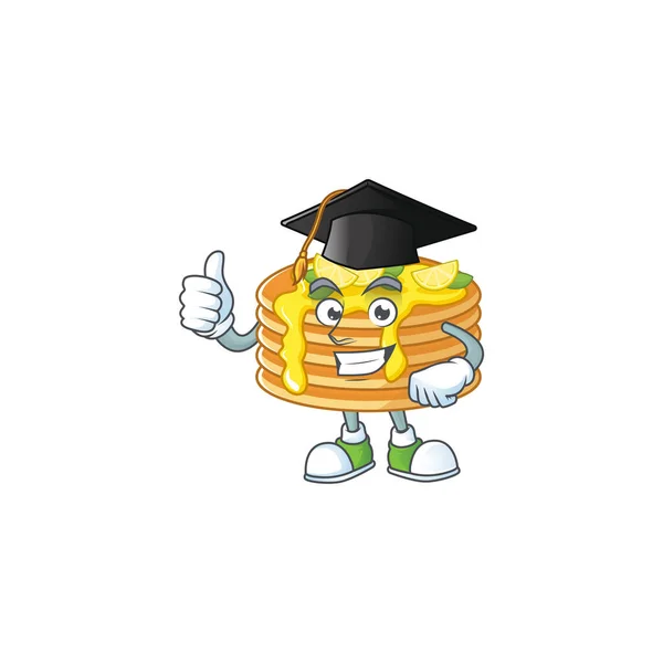 Conceito de design de mascote de panqueca de creme de limão orgulhosamente vestindo um chapéu de graduação preto —  Vetores de Stock