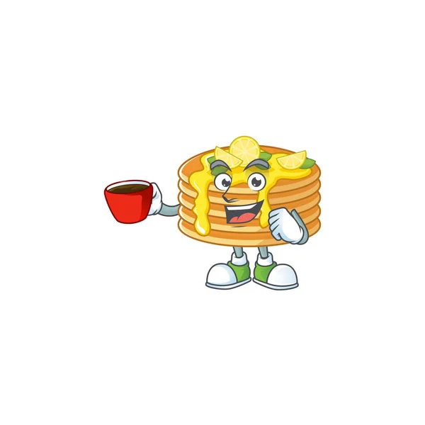 Изображение персонажа мультфильма блинчик с лимонным кремом с чашкой кофе — стоковый вектор