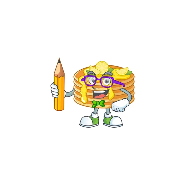 Lemon creme panqueca estudante personagem de desenho animado estudando com lápis — Vetor de Stock