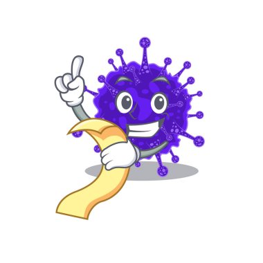 Nidovirales maskot karakter tasarımı ve elinde menü var.