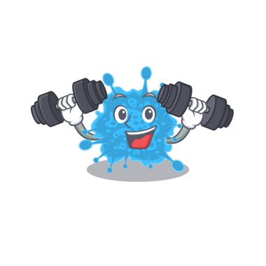 Gülümseyen Fitness egzersizlerinin maskot tasarımı ve dekovirüs halterleri kaldırır