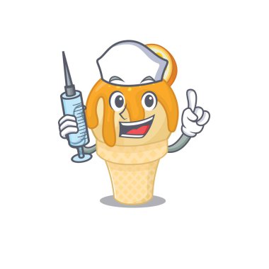 Portakallı dondurma maskot dizaynı ve şırıngalı güzel bir hemşire.
