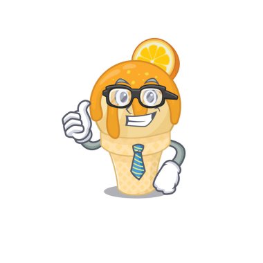 Zarif bir turuncu dondurma. İş adamı maskot tasarımı. Gözlük ve kravat takıyor.