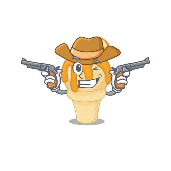 Cute handsome cowboy of orange ice cream cartoon character with guns — Stock Vector