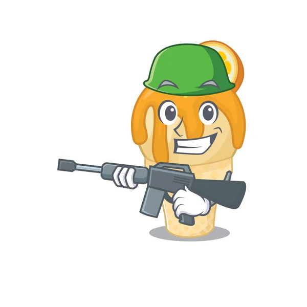 Uma imagem de desenhos animados de sorvete de laranja em estilo Exército com metralhadora —  Vetores de Stock