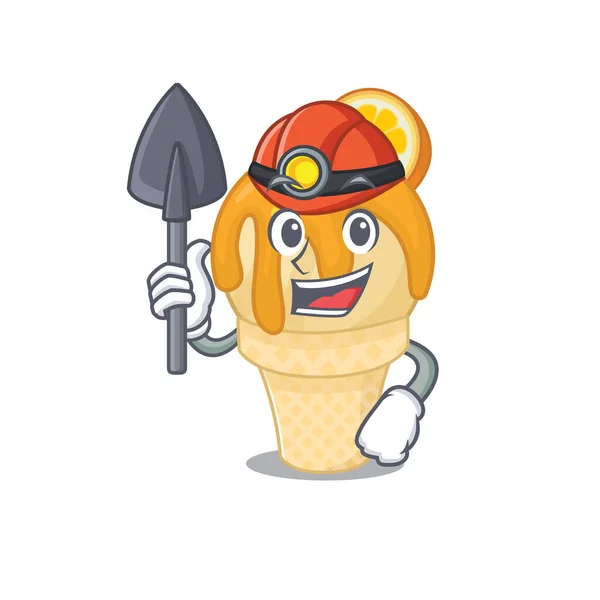 Naranja helado minero concepto de diseño de dibujos animados con herramienta y casco — Vector de stock