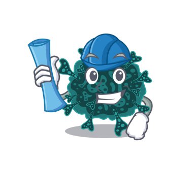 Herdecovirus 'un çizgi film karakteri. Mavi baskılı, mavi kasklı, zeki mimar.