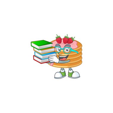Kitaplı çilekli krep öğrenci karakterinin maskot tasarımı.