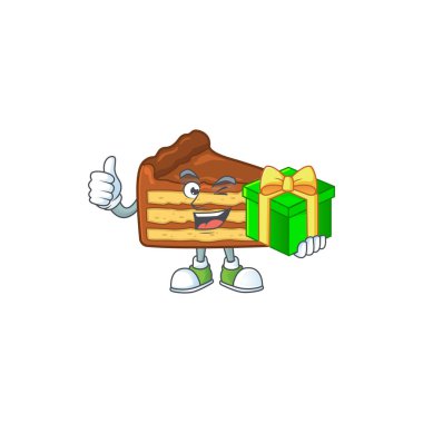 Gülen çikolata dilimli çizgi film karakteri elinde hediye kutusu tutuyor.