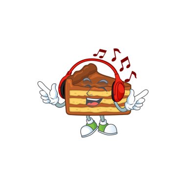 Çizgi film maskotu tasarımı çikolata dilimli kek kulaklıkla müziğin tadını çıkarıyor