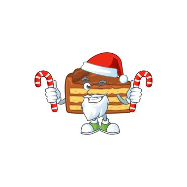 Çikolata dilimli pasta mütevazı Santa Karikatür karakteri şeker yiyor