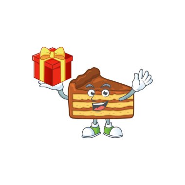 Büyüleyici çikolata dilimli pasta maskotu tasarımının kırmızı bir hediye kutusu var.