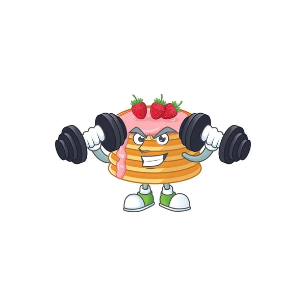 Fitness exercício morango creme panqueca personagem dos desenhos animados usando sinos —  Vetores de Stock
