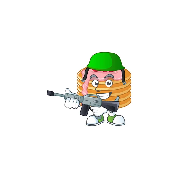 An elegant strawberry cream pancake Army mascot design style using automatic gun — Stock Vector