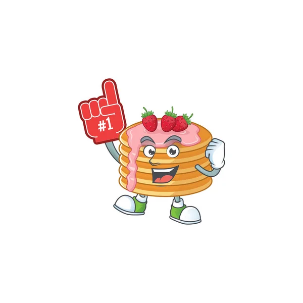 Tecknad karaktär koncept jordgubbskräm pannkaka innehav rött skum finger — Stock vektor
