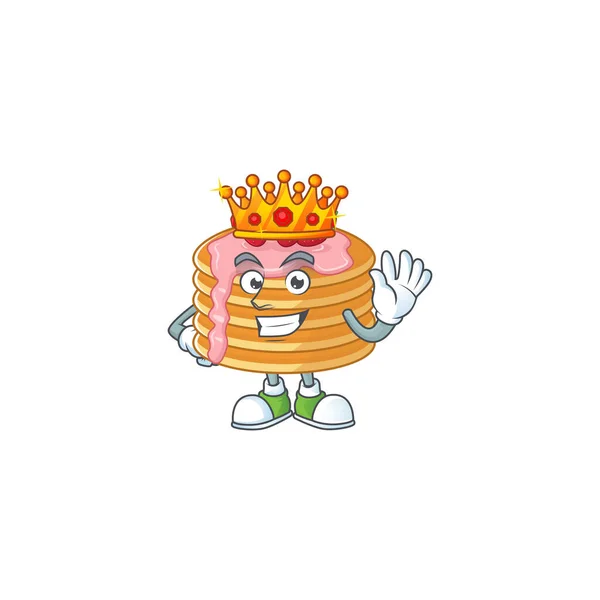 Der charismatische König der Erdbeer-Sahne-Pfannkuchen-Zeichentrickfigur trägt goldene Krone — Stockvektor
