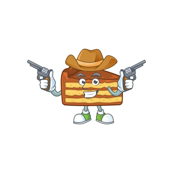 Un personaggio dei cartoni animati cowboy di torta fetta di cioccolato in possesso di pistole — Vettoriale Stock