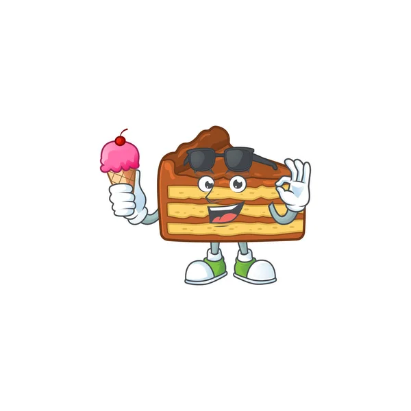 Leuke chocolade plak taart cartoon karakter genieten van een ijsje — Stockvector