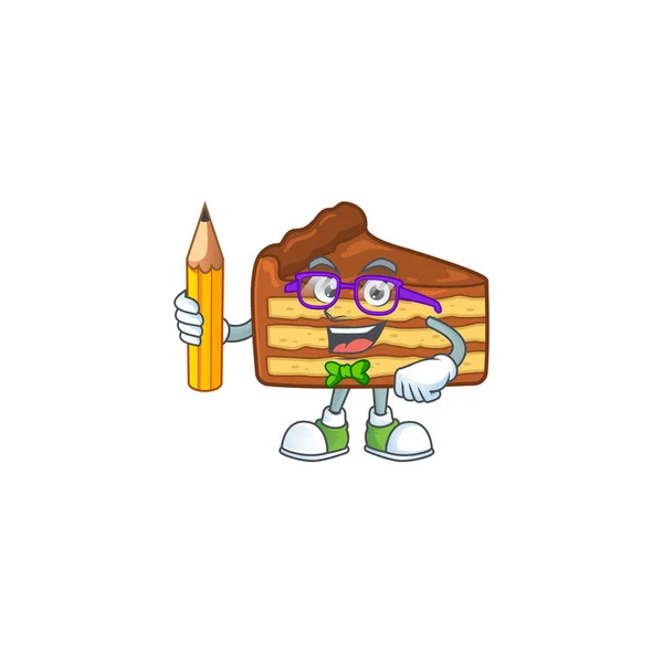 Chocolate fatia bolo estudante personagem dos desenhos animados estudando com lápis — Vetor de Stock