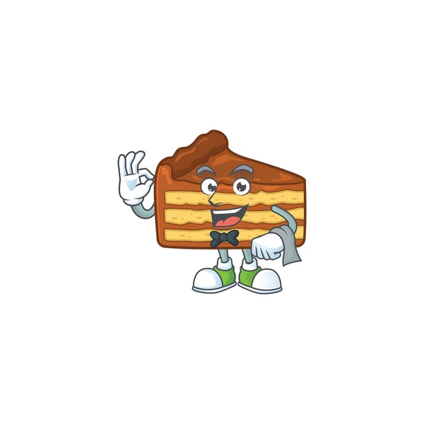 Um personagem de desenho animado de garçom de bolo de fatia de chocolate pronto para servir — Vetor de Stock