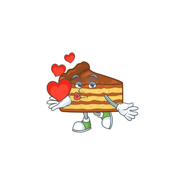 An adorable cartoon design of chocolate slice cake holding heart — Stock Vector