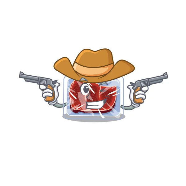 Cute handsome cowboy of frozen beef cartoon character with guns — Stock Vector