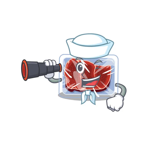 Un'icona del cartone animato di manzo congelato Marinaio con binocolo — Vettoriale Stock