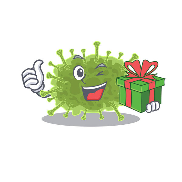 Улыбающийся персонаж мультфильма Гапловирикотина с зелёной подарочной коробкой
