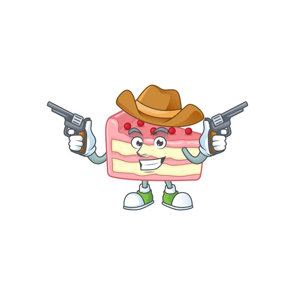 Een cowboy cartoon karakter van aardbei plak taart holding guns — Stockvector