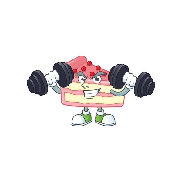 Fitness exercise strawberry slice cake cartoon character using barbells — Stock Vector