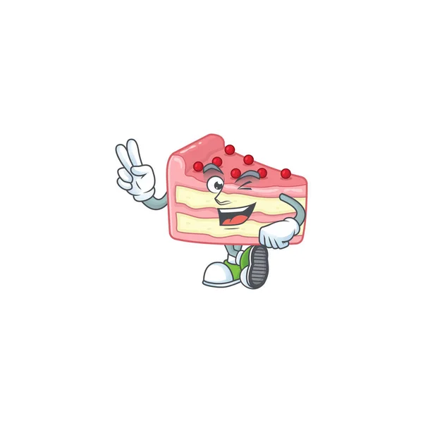Desenho de mascote de bolo de fatia de morango alegre com dois dedos —  Vetores de Stock