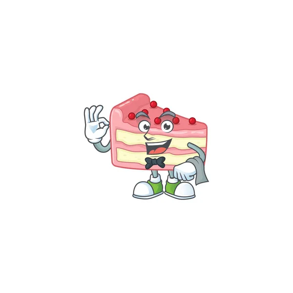 Ένα κέικ φράουλα σερβιτόρο χαρακτήρα κινουμένων σχεδίων έτοιμος να εξυπηρετήσει — Διανυσματικό Αρχείο