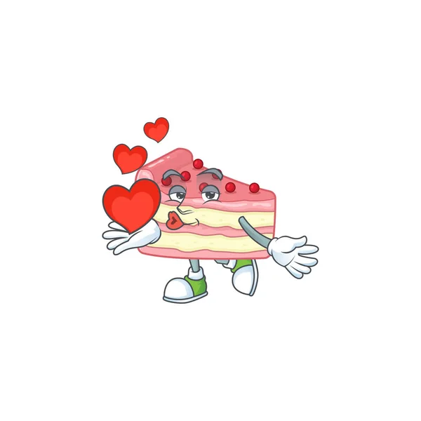 Ένα αξιολάτρευτο σχέδιο κινουμένων σχεδίων της φράουλας φέτα κέικ κρατώντας καρδιά — Διανυσματικό Αρχείο