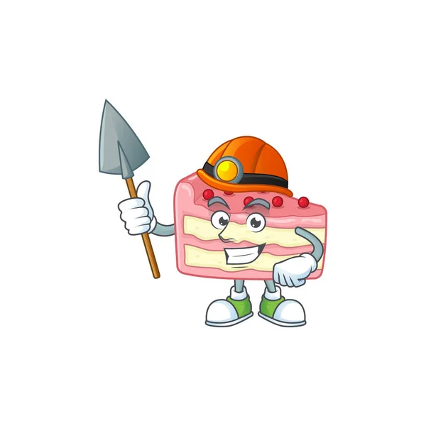 Desenho de personagem de desenho animado de trabalho bolo de fatia de morango como um mineiro —  Vetores de Stock